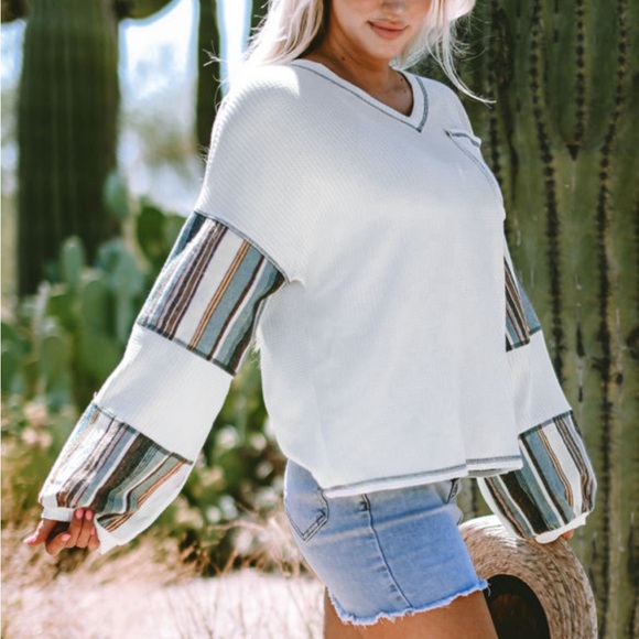 White & Green Striped Exposed Seam Patchwork Waffle Knit Top Size XL (16-18) - Picture 7 of 8